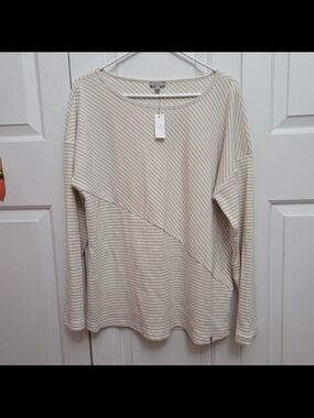 Waffle Knit Long Sleeve Top - Cream Stripe Talbots NWT